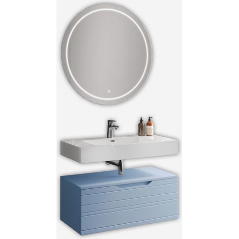 Mobile bagno sospeso con lavabo e specchio LED Solmira - Azzurro