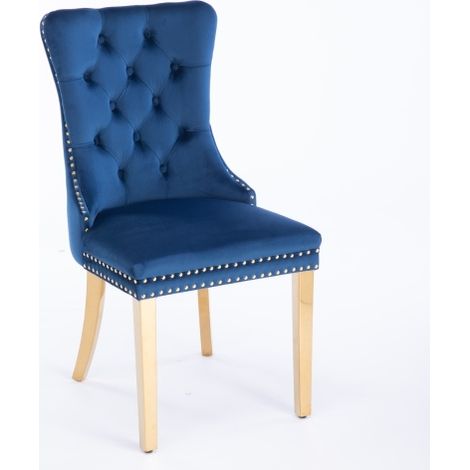 Chaises de salle à manger haut de gamme en bois massif rembourré — Style moderne, revêtement en velours, pieds en acier inoxydable plaqué or, agrémentées d'une finition décorative cloutée (Lot de 2), 
