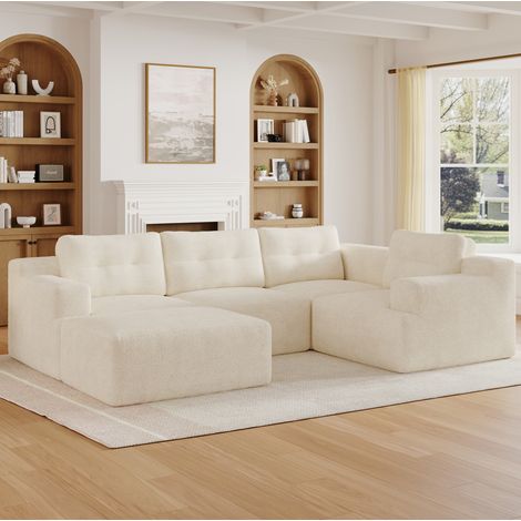 Canapé d'angle 5 places, modulable avec pouf, en chenille, beige (1/5)