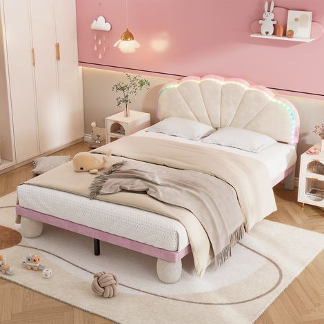 Lit rembourré 140 x 200 cm beige / rose velours, LED multicolore, tête festonnée, pieds ronds, base à lattes, lit jeunesse romantique