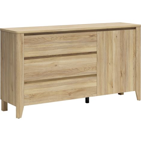 Commode 3 tiroirs 1 porte meuble de rangement coloris Chêne mauvella - Longueur 161 x Profondeur 42,5 x Hauteur 90 cm (1/5)