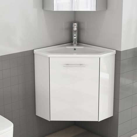 Mueble de baño esquinero con lavabo de cerámica lacada y protector antisalpicaduras, totalmente premontado para una fácil instalación. (1/5)