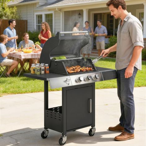 Barbecue à gaz 3 brûleurs 8,1 kW avec thermomètre, tablettes latérales, étagères, meuble de rangement et roulettes 109 x 50 x 109 cm Noir (1/5)