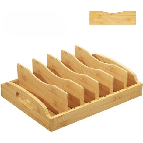 Boîte de rangement en bambou avec 5 séparateurs réglables, organisateur de couvercle pour boîtes de conservation et casseroles, boîte de cuisine pour planches à découper, plaques de