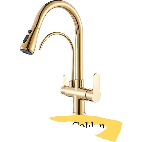 Grifo de cocina, doble manija, caño giratorio de 360 grados, halo dorado. (1/2)
