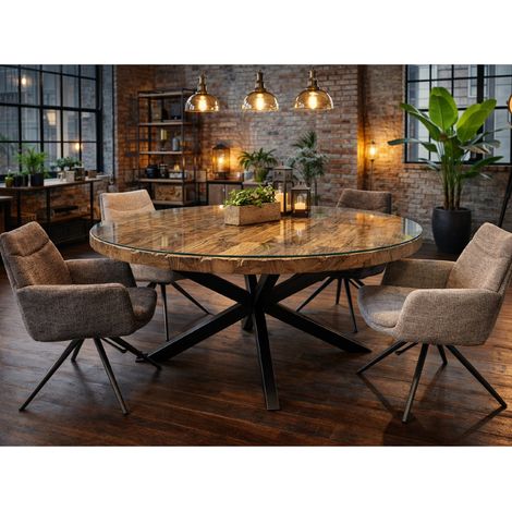 Table de salle à manger ronde 130cm en bois massif et verre – Pied central en métal noir – Style moderne et industriel (1/5)