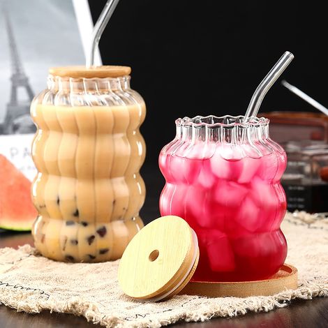 Verre À Boisson En Verre - 500 ml - Design Rainuré - Couvercle En Bambou Et Paille En Verre - Pour Café Glacé, Jus, Bière, Thé - 1 Pièce (1/5)