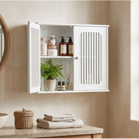 Mobiletto da bagno a parete 69,3x43,8x11 cm, 2 ante a persiana, soluzione salvaspazio, colore bianco (1/5)