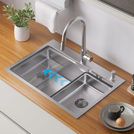 CECIPA MAX Edelstahl Küchenspüle Einzelbecken 68x48 cm, Aufsatzspüle Silber mit Seifenspender (1/5)