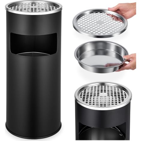 Cendrier sur pied extérieur avec poubelle intégrée de 12 litres, acier, 25 x 61 cm, noir (1/5)