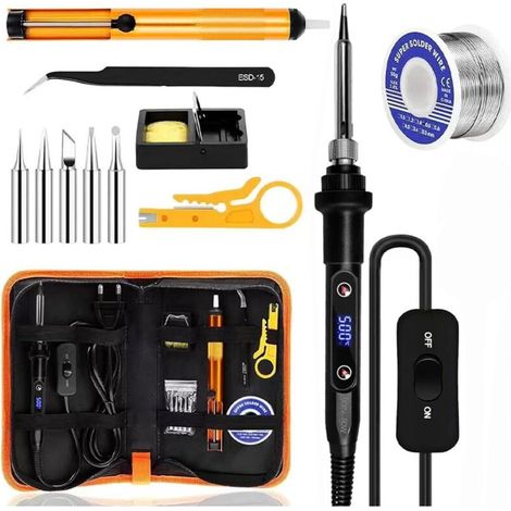 Fer à Souder Set,80W Température Réglable 180-500°C Electronique de Precision avec Interrupteur ON/OFF, 5 Conseils de soudage,Barre de Soudure pour la Maintenance Electrique (Noir) (1/5)