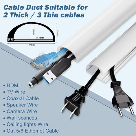 Cable Duct Flexible Wall Mounted Self Adhesive TV Cable Cover Cable Channel Floor Cover PVC Electrical Wire Office Home Type D 25 mm x 15 mm (1/4)