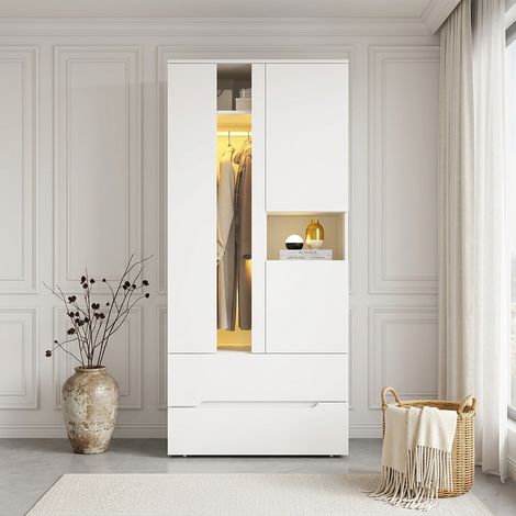 Armoire de Chambre Blanche avec Éclairage LED Connecté - Penderie Moderne 3 Portes, 2 Tiroirs et 6 Compartiments - L90 x P50 x H200 cm (1/5)