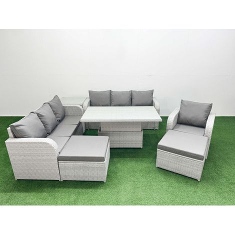 Fimous 9 Seater Poly Rattan Outdoor Garden Furniture Adjustable Lifting Dining or Coffee Table Sofa Set Patio 3 Seater Sofa Reclining Chair 3 Seater Sofa 2 Big Footstools Side Table Light Grey (1/5)