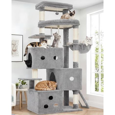 Arbre à Chat 188cm Géant avec 3 Cabanes Superposées et Grande Plateforme, Grattoir sur Pieds Stable avec Sisal Naturel et Rampe, Meuble pour Chat Intérieur, Gris Clair HCT061W (1/5)