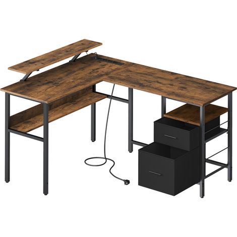 Bureau en L avec Multiprise, Bureau d’Angle, Rehausseur d’Écran, LED, 2 Tiroirs, 2 Ports USB, Marron (1/5)