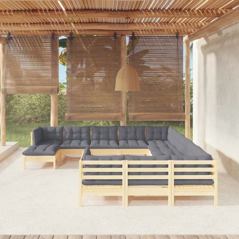 12-tlg. Garten-Lounge-Set mit Grauen Kissen Kiefernholz vidaXL (1/5)