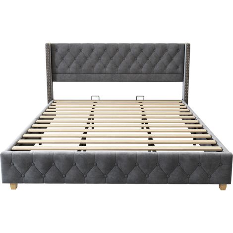 Cama tapizada 180x200 cm con somier de láminas y cabecero, terciopelo gris, patas de madera (1/5)