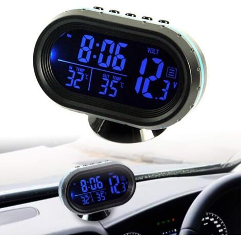 Horloge de voiture, thermomètre horloge numérique voltmètre réveil LCD trempé Thermomètre avec Température/Heure LCD Affichage (1/5)