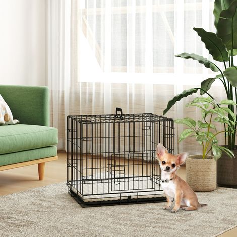 Cage Pliante Chien Portes Coussinées Plateau Amovible Cadre Métallique Fil Animaux Compagnie Noir Beige 60x40x50cm (1/4)