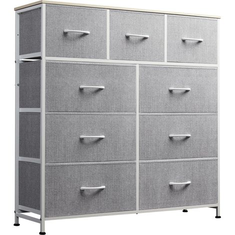 Commode haute en tissu gris clair avec 9 tiroirs, structure acier et plateau bois pour chambre (1/5)