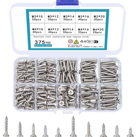 375 Pièces M3 M4 Vis à tête plate Autotaraudeuse en acier inoxydable, Ensemble de vis à cruciforme, Kit de vis pour plastique, bois, métaux non ferreux (1/5)
