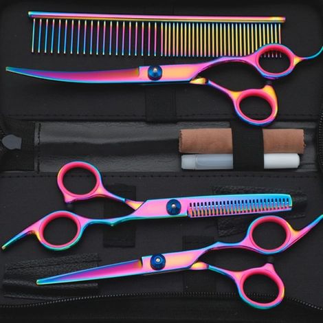Kit de ciseaux de toilettage pour chiens et chats, ciseaux professionnels en acier inoxydable à pointes rondes de sécurité, ensemble coloré 7 en 1 (1/5)