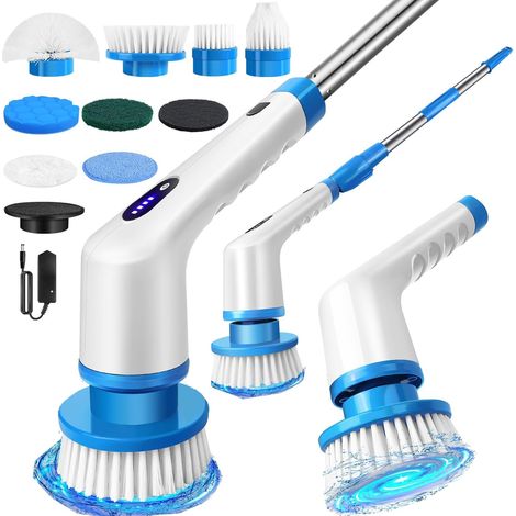 Brosse de nettoyage rotative électrique, brosse de nettoyage de salle de bain rechargeable, tête de brosse électrique, ensemble de brosses de nettoyage puissant, manche long réglable et allongé, 10 tê (1/5)