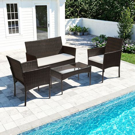 Wolketon Set da giardino 4 pezzi in polyrattan con 2 poltrone, divano 2 posti, tavolino in vetro e cuscini, marrone (1/5)