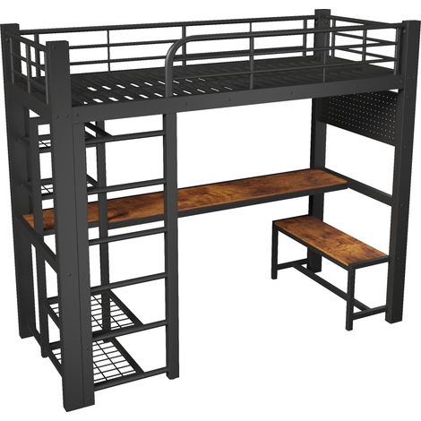 Letto a soppalco 90 x 200 cm in metallo nero con LED, mensole, scrivania e barra (1/5)