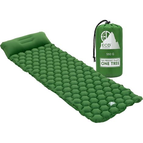 ECD Germany Isomatte Camping, Campingmatte aufblasbar, Grün, Luftmatratze Outdoor, Schlafmatte mit integriertem Kopfkissen, Ultraleicht & Kompakt, Faltbare Matratze für Camping Wandern Reisen Zelt