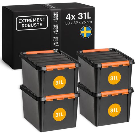 Boîte de rangement plastique avec couvercle 31 litres Garage, étagères, déménagement Lot de 4 boîtes empilables à clip Rangement d'outils Sans BPA 50 x 39 x 26 cm (1/5)