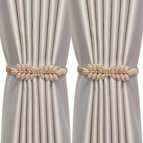 Set of 2 Leaf-Shaped Curtain Tiebacks - Adjustable Clip with Spring Cord - for Home Decoration (Gold-1) (1/5)