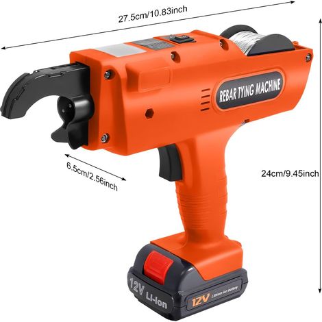 Máquina automática para atar varillas de refuerzo con alambre, incluye 1 rollo de alambre naranja, 12 V con 2 baterías de iones de litio, longitud del alambre para nudos de 300 a 500 mm. (1/5)