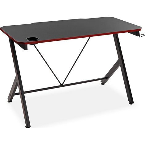 Bureau informatique Bureau Sécretaire Poste de Travail Table d'étude pour Ordinateur Gaming, avec trou pour boisson, porte-casque, 3 tiroirs, 76 x 60 x 120 cm, Bois et métal, Noir et rouge (1/5)
