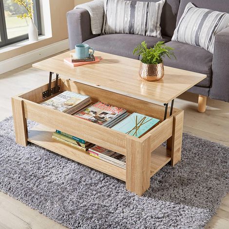 Oak Wooden Coffee Table With Lift Up Top Storage Area and Magazine Shelf