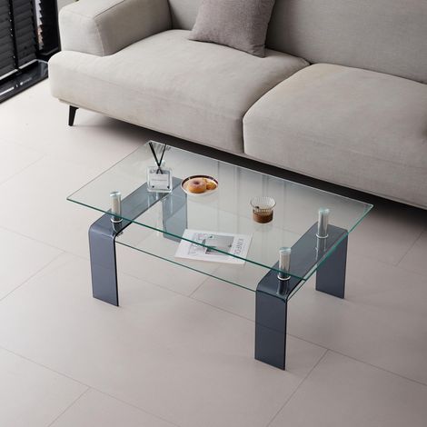 Table basse en verre trempé transparent, table de salon avec pieds en verre gris