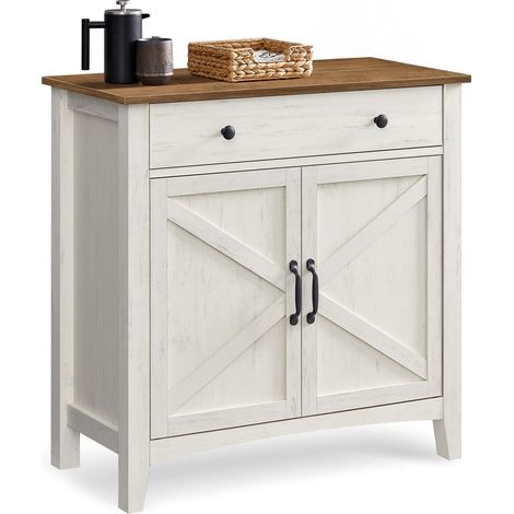 Buffet, Meuble de Rangement avec Tiroir, Meuble de Cuisine, avec Portes, Étagère Réglable, Style Campagne, 40 x 80 x 80 cm, Blanc Rustique et Marron Miel BBK341W01 (1/5)