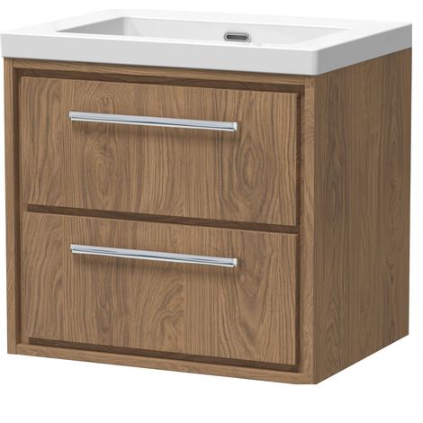 Longnor 2 Drawer Wall Hung Vanity Unit with 1 Tap Hole Modern Fireclay Basin, Antique Oak, 600mm