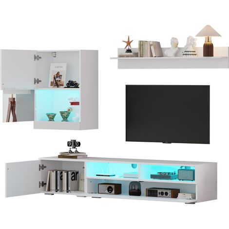 TV Wohnwand mit 3 Türen, 2 Halb Offenen Fächern und LED, Hochglanz Fronten, für Wohnzimmer, aus Spanplatte, Weiß (1/5)