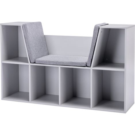 Bibliothèque, étagère enfant avec pouf et 6 casiers - Banc coffre à jouets 3 coussins inclus - Dimensions 103x30x62cm - Rangement organisé pour enfants dès 3 ans - Design pratique couleur grise (1/5)