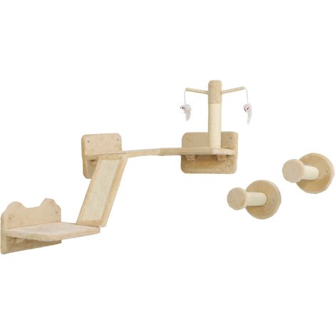 Mur d'escalade chat beige avec griffoirs, plateformes, balles jeu, grimper repos