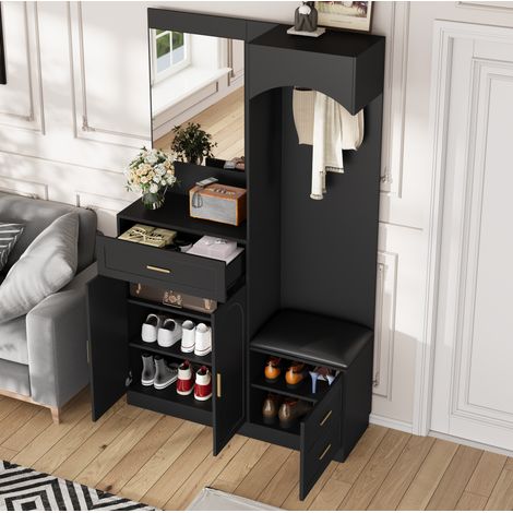 Armario recibidor con zapatero, espejo y banco para zapatos, 110 x 33 x 185,5 cm, negro HAVRYA (1/5)