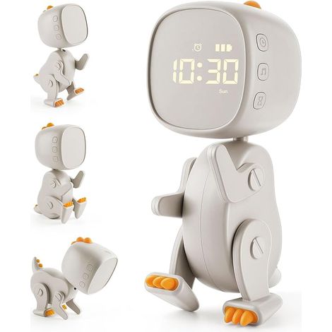 Kinderwecker Dinosaurier Wecker Kinder Wecker Wiederaufladebare Lernwecker mit Variabler Form 6 Weckmusik 3 Alarmes Schlummerfunktion Nachtlicht Timer 12/24 [Energieklasse D] Gelb