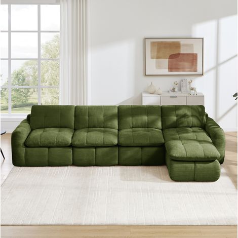 Divano angolare modulare 4 posti in ciniglia, 334 x 160 x 68 cm, verde, senza montaggio DESVIAE (1/5)