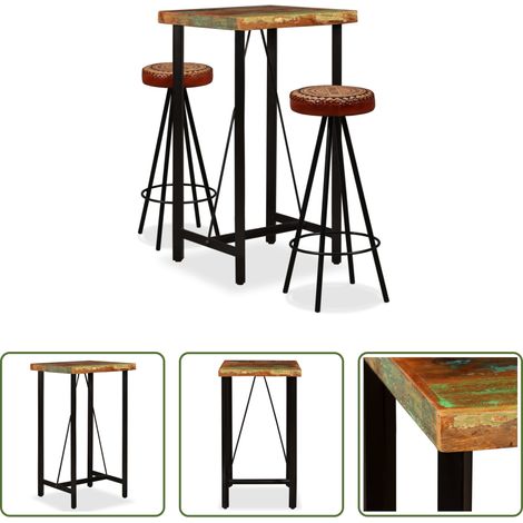 Tabouret de bar - Ensemble de bar 3 pcs Bois de récupération Cuir véritable et toile (1/5)