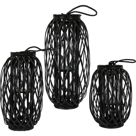 ECD Germany Set di 3 Lanterne in Vimini Nero con Manico di Corda di Canapa e Inserto di Vetro 40 x Ø26 / 50 x Ø28 / 60 x Ø27 cm Portacandele Retro per Terrazza Giardino da Esterno o Interno