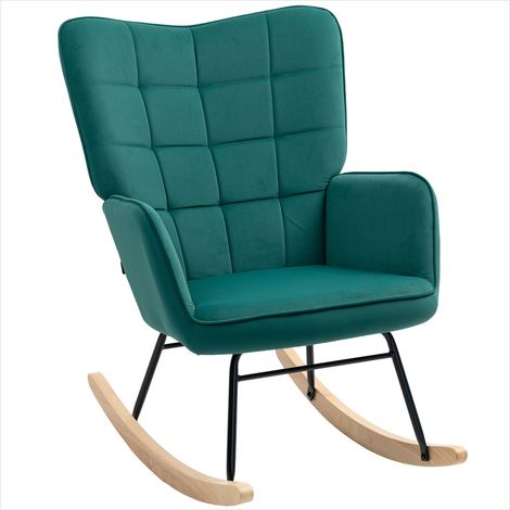 Fauteuil à bascule capitonné en velours vert foncé, structure acier et hêtre, salon ou chambre (1/5)