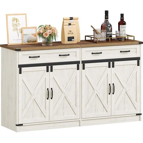 Buffet, Meuble Cuisine à 1 Tiroir, Meuble de Rangement à 2 Portes, Étagères Réglables, Style Cottage, Cuisine, Salon, 40 x 140 x 80 cm, Blanc Rustique et Marron Miel (1/5)