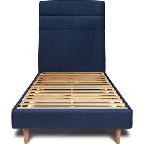 Lit 90x190cm avec tête de lit lignes velours et sommier kit Bleu - Hauteur totale : 29cm (1/5)